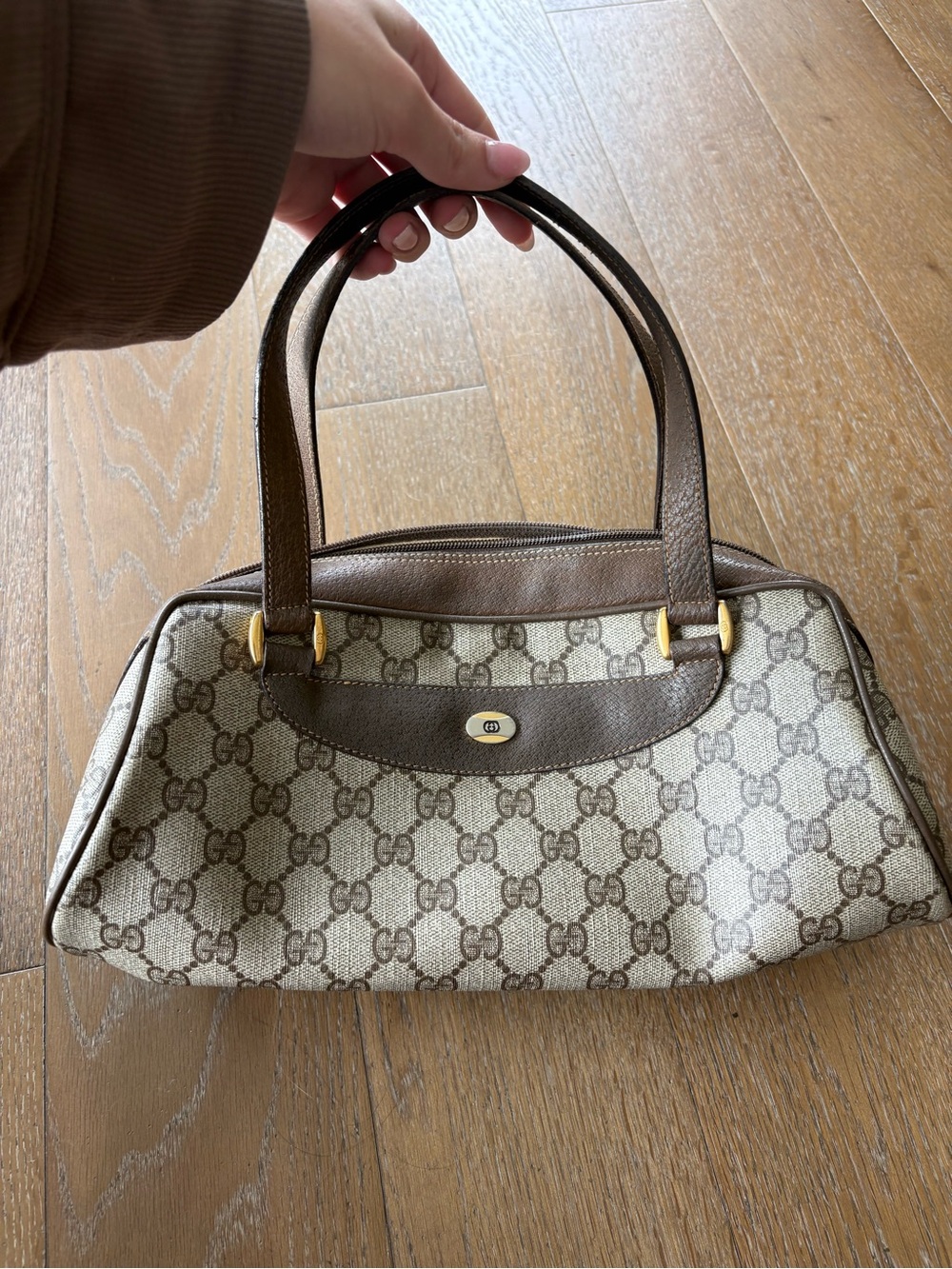 Gucci Beige & Brown GG Canvas Shoulder Bag with Leather Trim